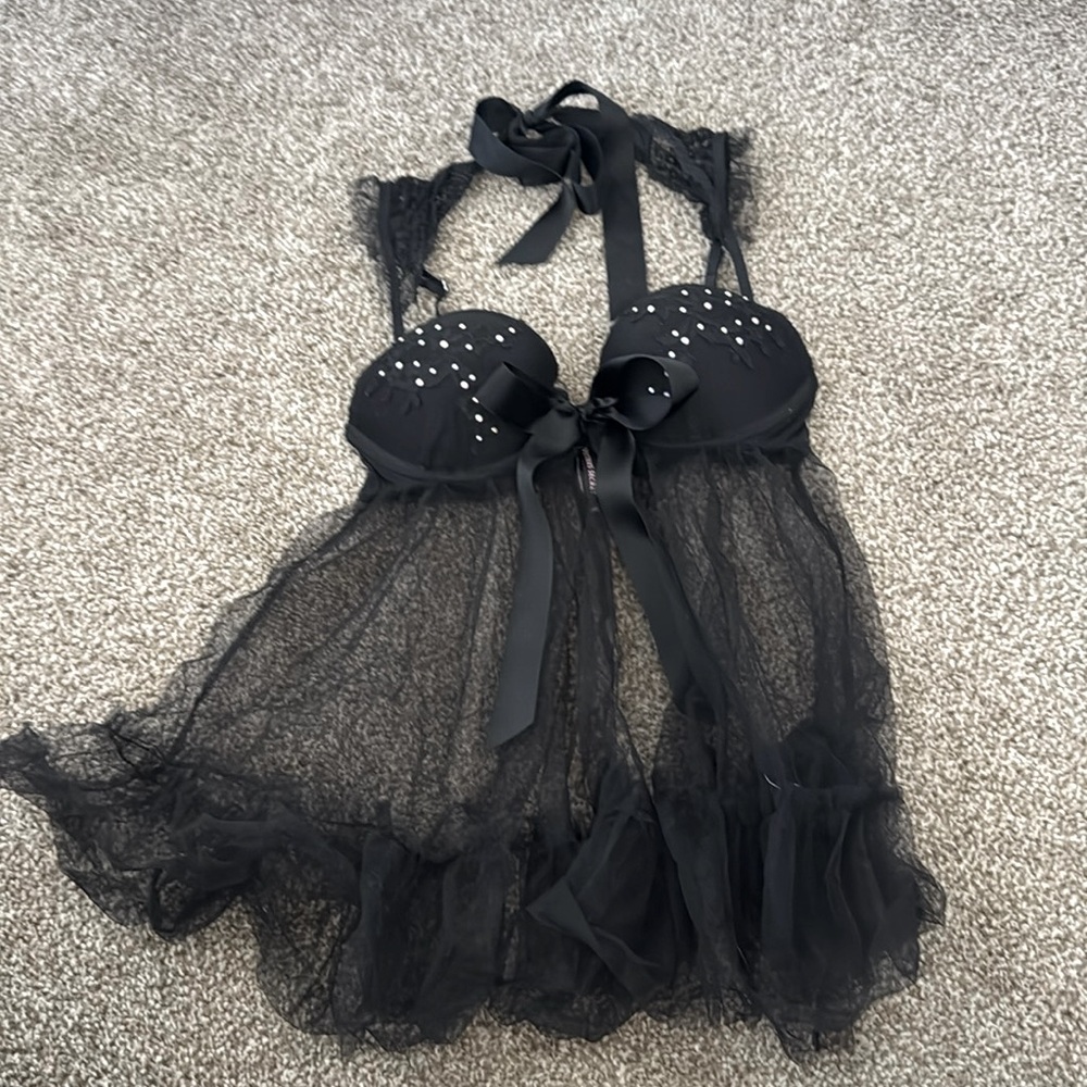 Black Sequin Victorias Secret Babydoll Lingerie 34B